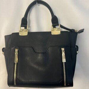 Big Buddha Black Faux Leather Satchel Handbag With Gold Accents & Multiple Compa
